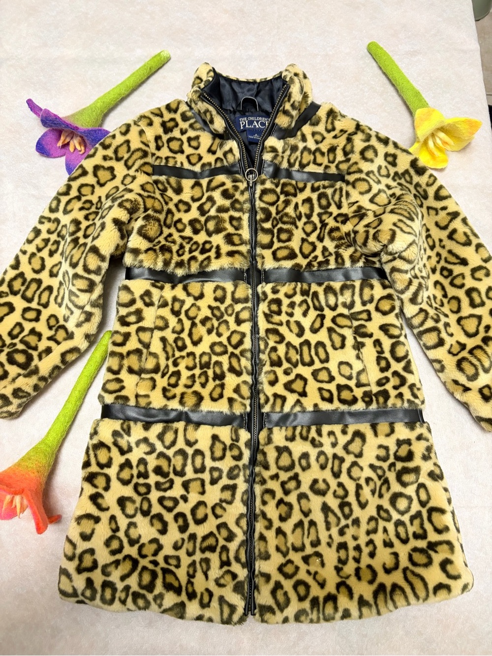 The Children's Place Leopard Faux Fur Teddy Jacket in Yellow and Black